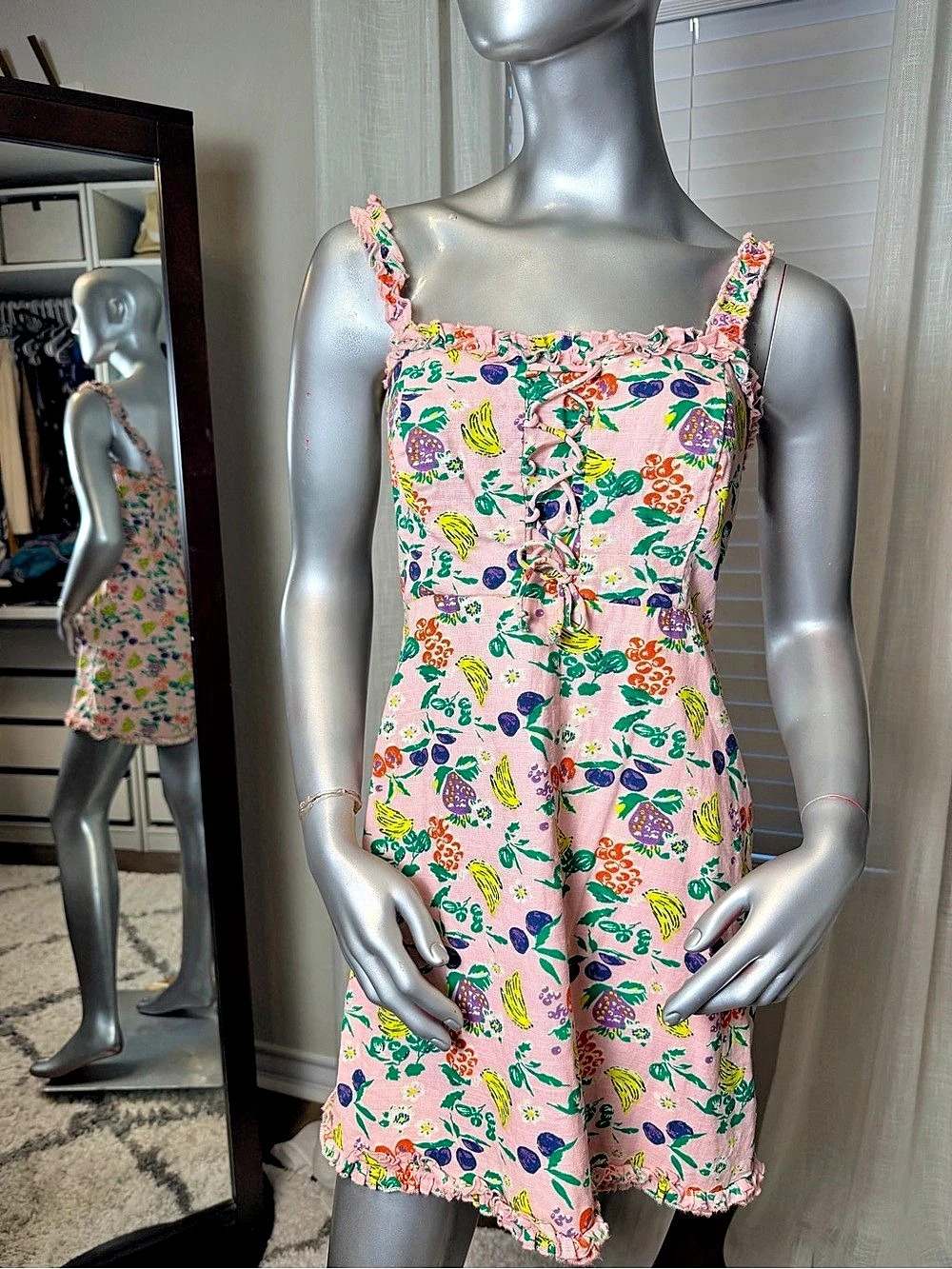 Urban Outfitters Robin Lace Up Mini Dress Medium Pink Fruit Floral Y2K Cotton